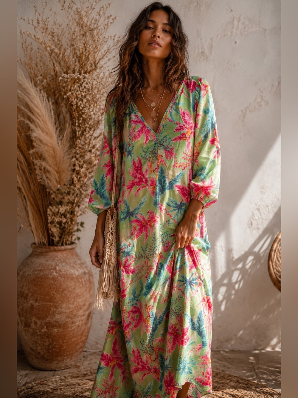 Tropical Floral V-Neck Maxi Dress - Green & Pink